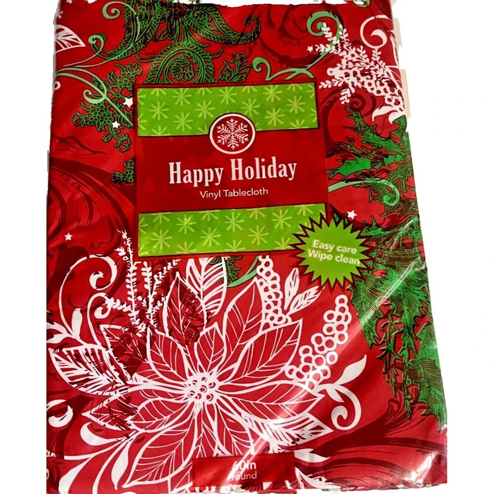 Christmas Holiday Poinsettia Red Green Vinyl Tablecloth Flannel Backed 60
